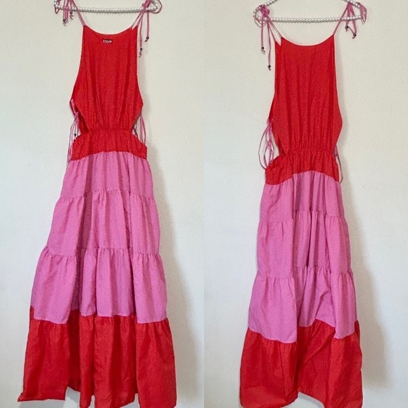 ❌SOLD❌STAUD Minerva Red & Pink Color Block Side Tie Maxi Dress SIZE XS - Picture 2 of 11